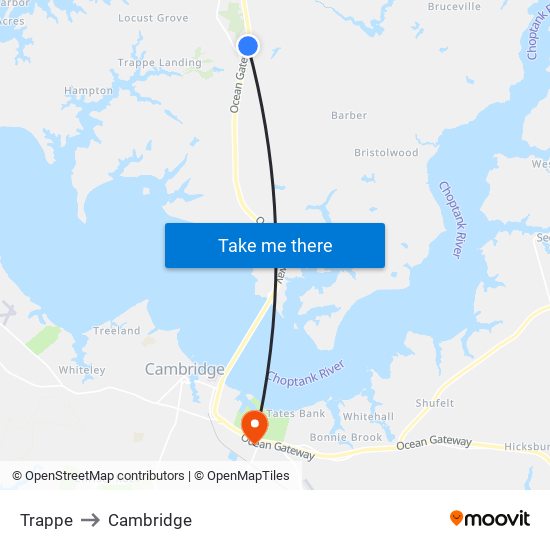 Trappe to Cambridge map