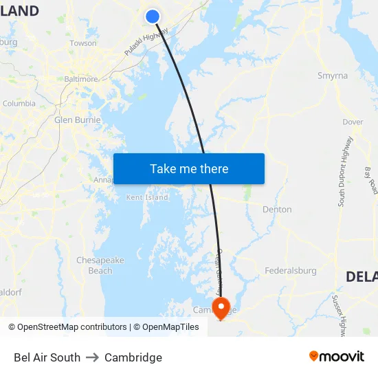 Bel Air South to Cambridge map