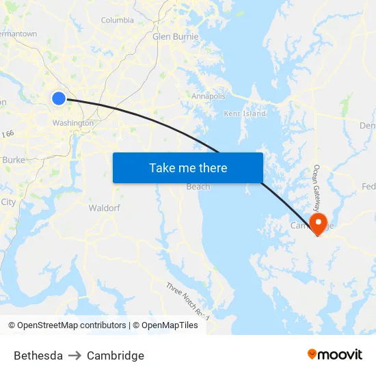 Bethesda to Cambridge map