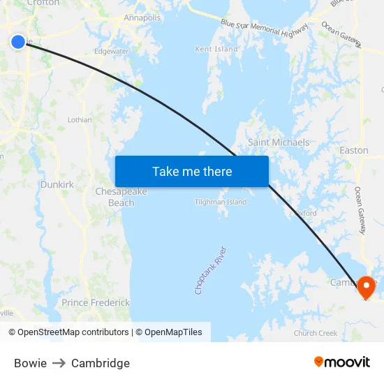 Bowie to Cambridge map