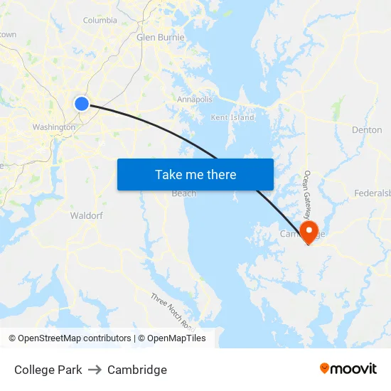 College Park to Cambridge map