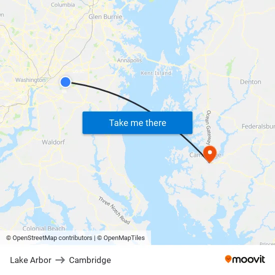 Lake Arbor to Cambridge map