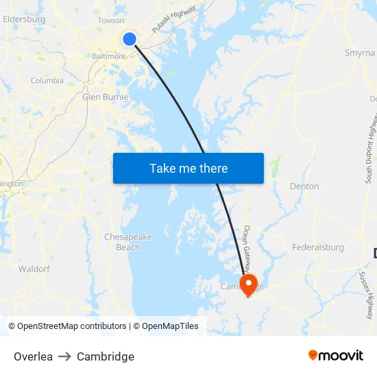 Overlea to Cambridge map