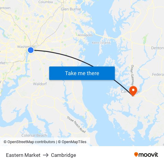 Eastern Market to Cambridge map