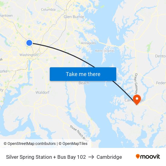 Silver Spring+Bay 102 to Cambridge map