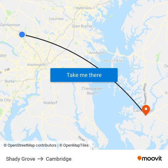 Shady Grove to Cambridge map