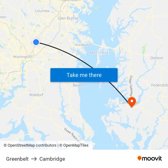 Greenbelt to Cambridge map