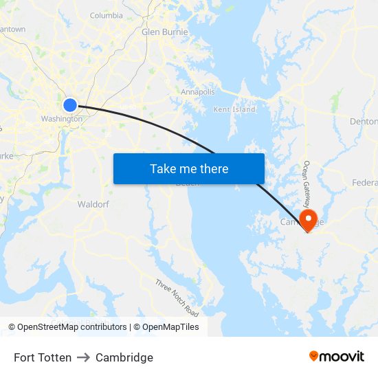 Fort Totten to Cambridge map