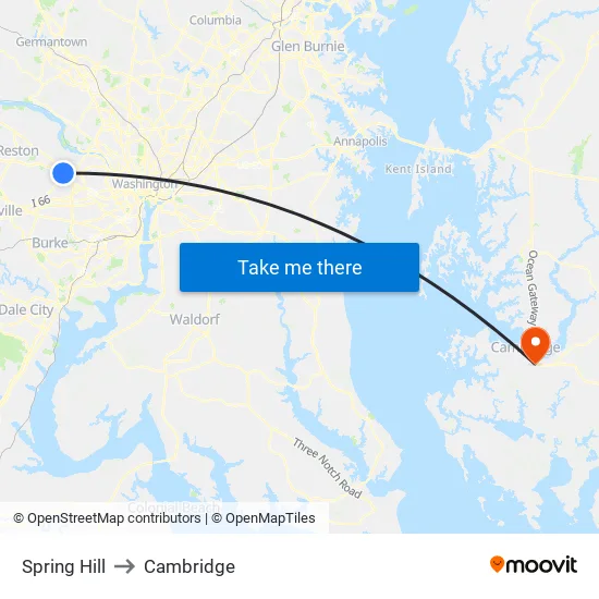 Spring Hill to Cambridge map