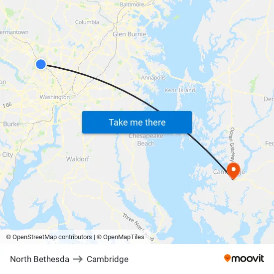 North Bethesda to Cambridge map