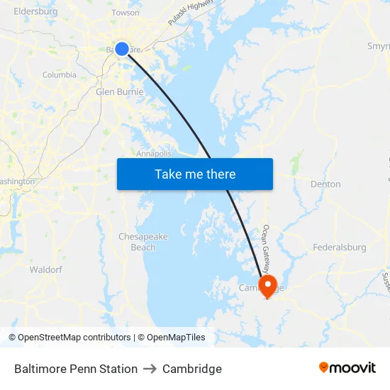 Baltimore Penn Station to Cambridge map