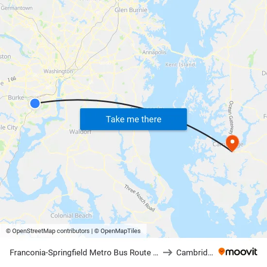 Franconia-Springfield Metro Bus Route 301 to Cambridge map