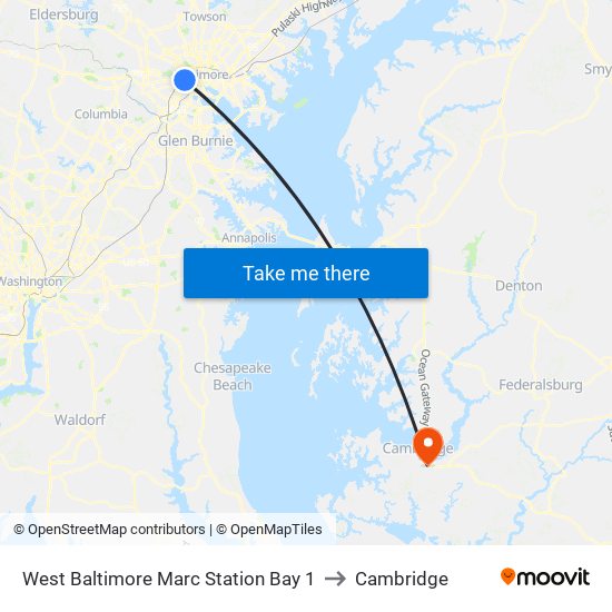 West Baltimore Marc Station Bay 1 to Cambridge map