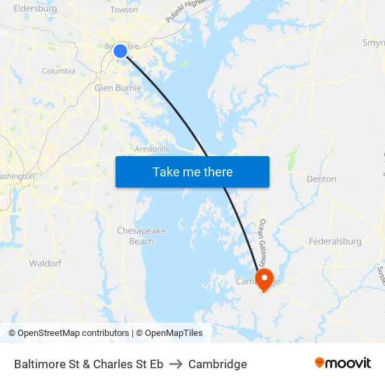 Baltimore St & Charles St Eb to Cambridge map