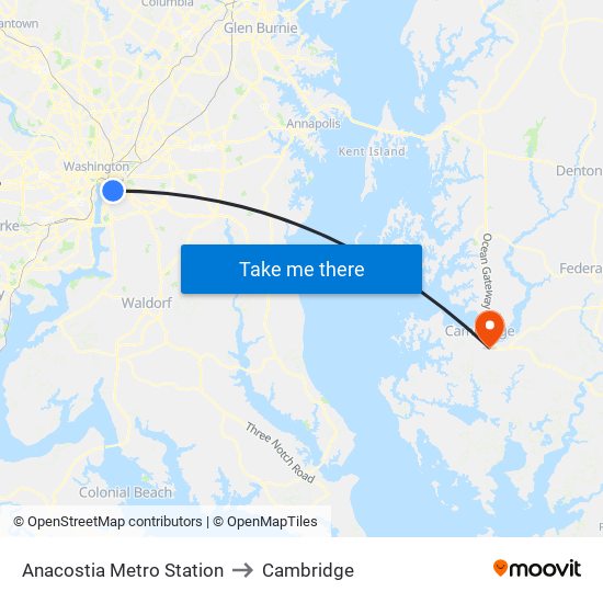 Anacostia Metro Station to Cambridge map