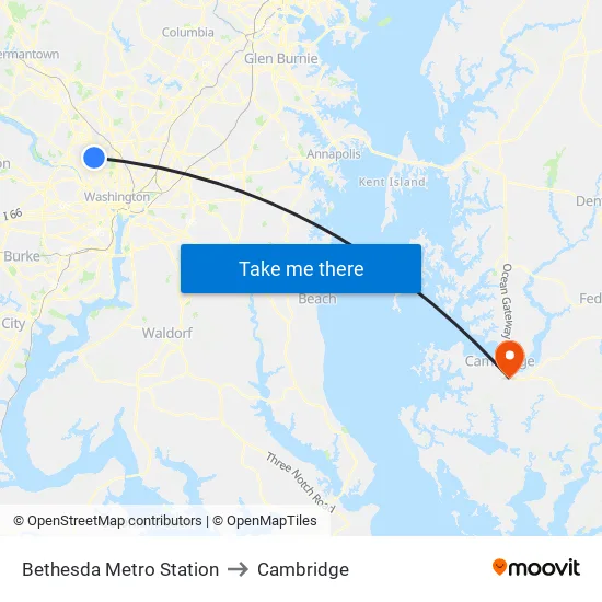 Bethesda Metro Station to Cambridge map