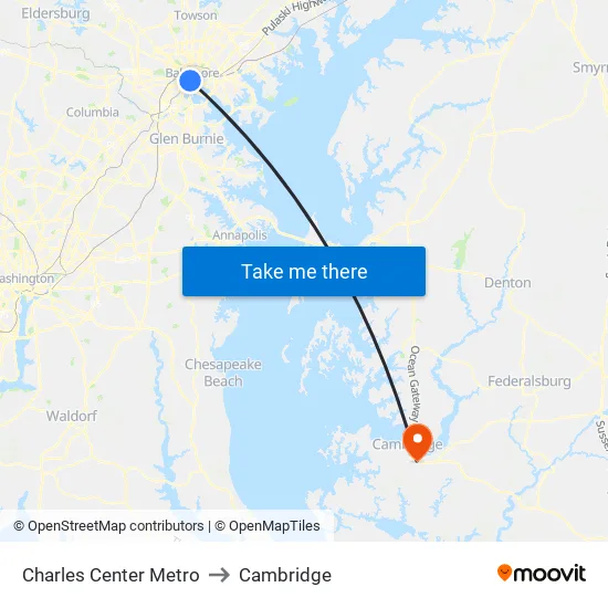 Charles Center Metro to Cambridge map