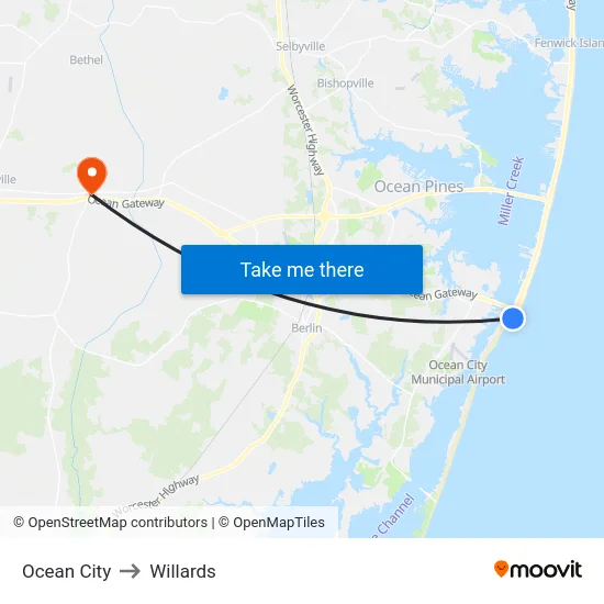 Ocean City to Willards map