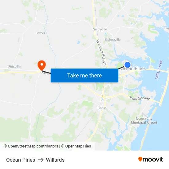 Ocean Pines to Willards map