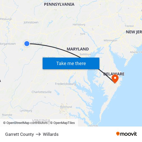 Garrett County to Willards map