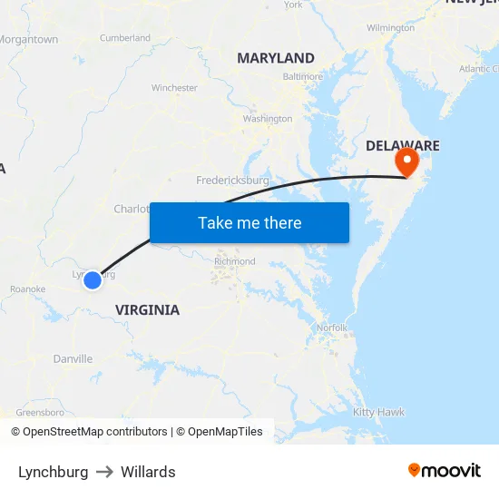 Lynchburg to Willards map