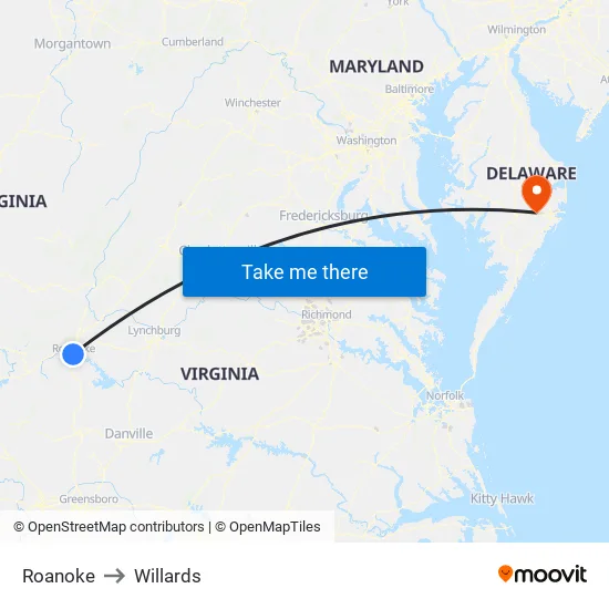 Roanoke to Willards map