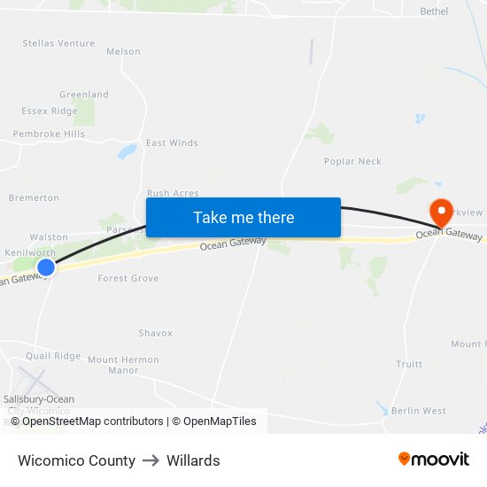 Wicomico County to Willards map