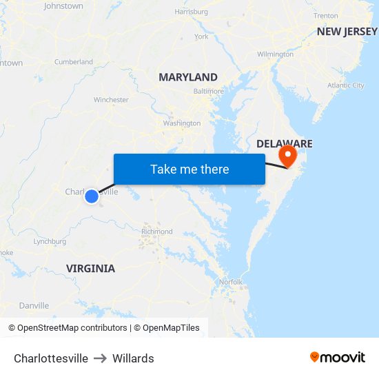 Charlottesville to Willards map