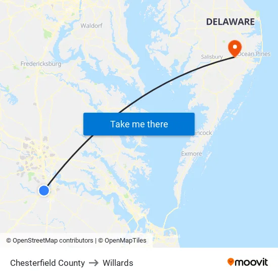 Chesterfield County to Willards map