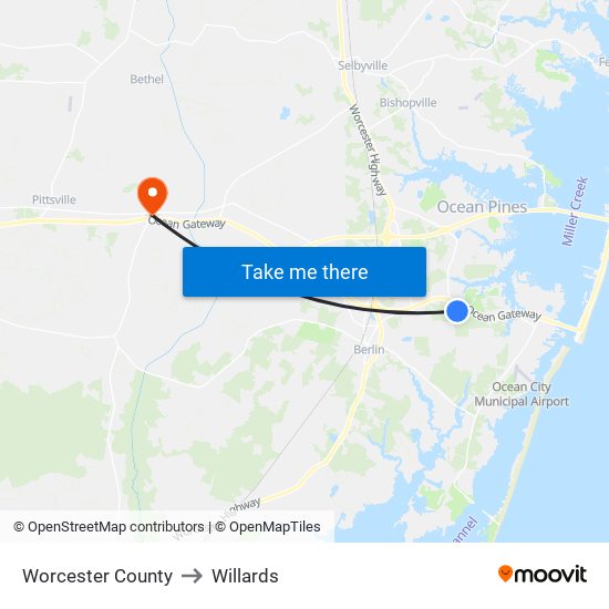 Worcester County to Willards map