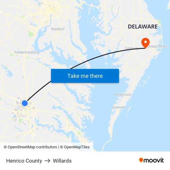 Henrico County to Willards map