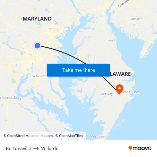 Burtonsville to Willards map