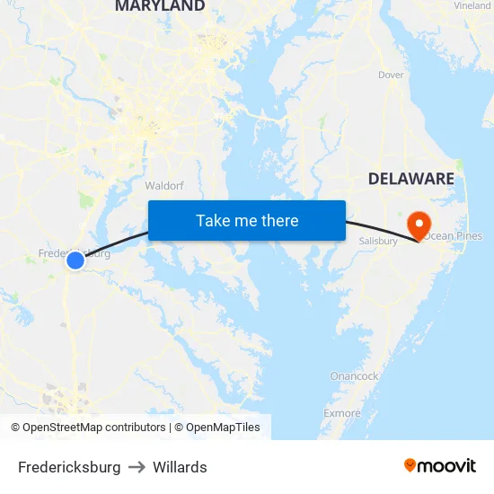 Fredericksburg to Willards map