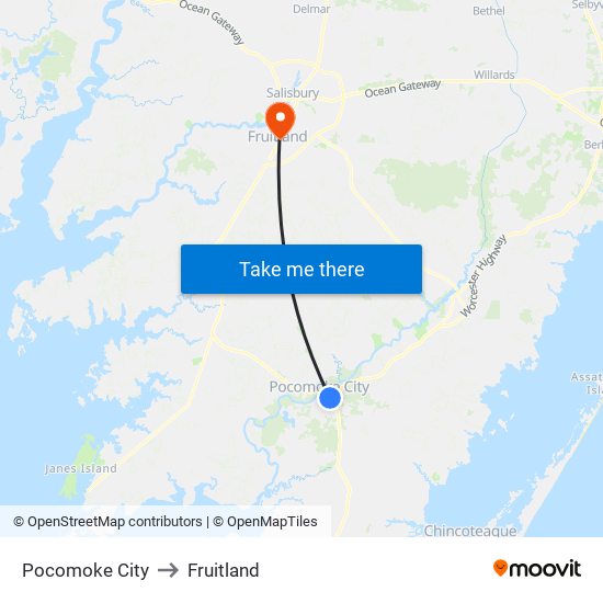 Pocomoke City to Fruitland map