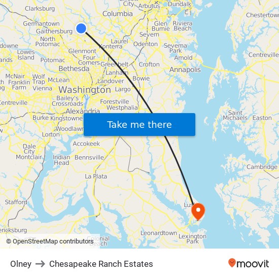 Olney to Chesapeake Ranch Estates map