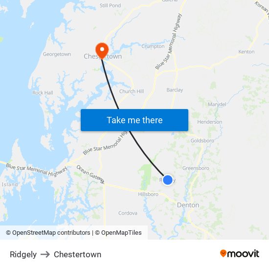 Ridgely to Chestertown map