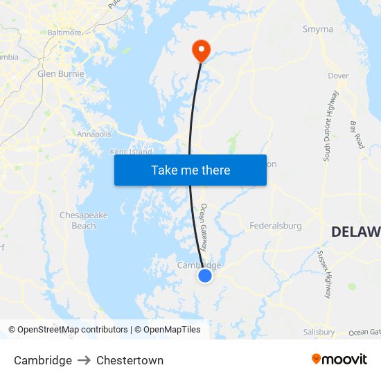 Cambridge to Chestertown map