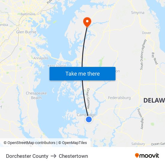 Dorchester County to Chestertown map