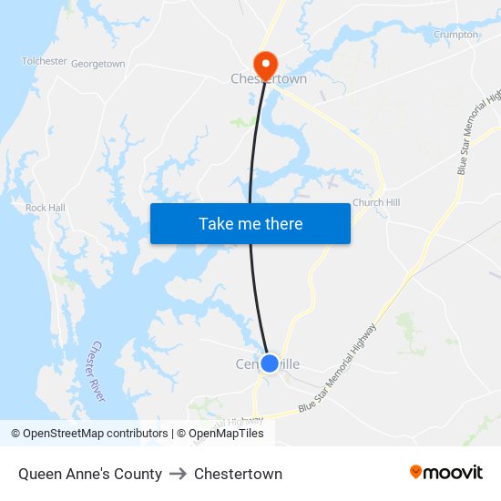 Queen Anne's County to Chestertown map