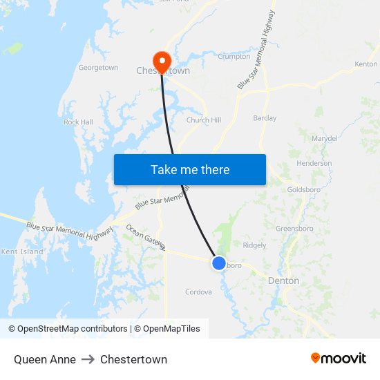 Queen Anne to Chestertown map