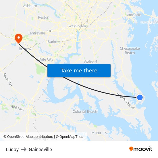 Lusby to Gainesville map
