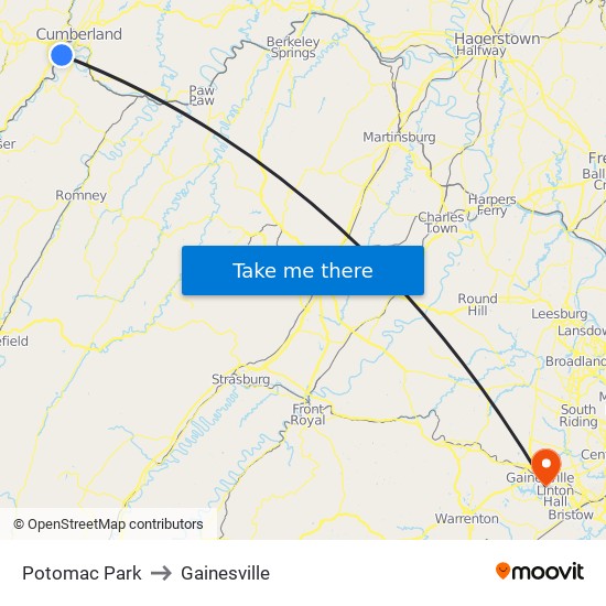 Potomac Park to Gainesville map