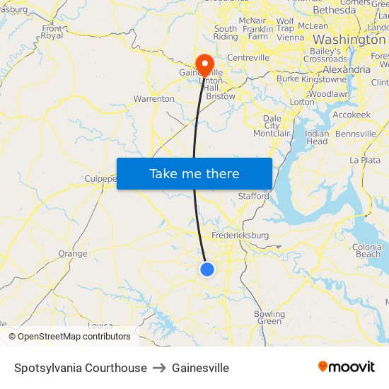 Spotsylvania Courthouse to Gainesville map