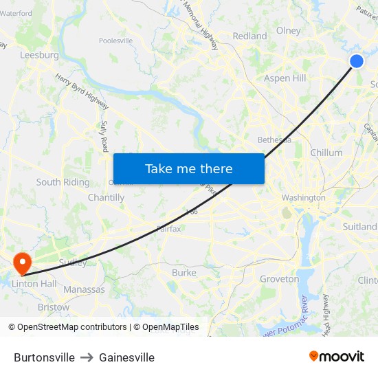 Burtonsville to Gainesville map