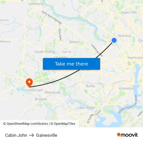 Cabin John to Gainesville map