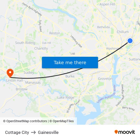 Cottage City to Gainesville map