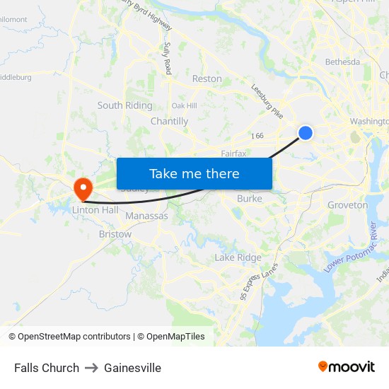 Falls Church to Gainesville map