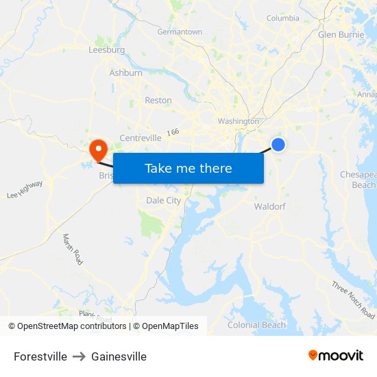 Forestville to Gainesville map