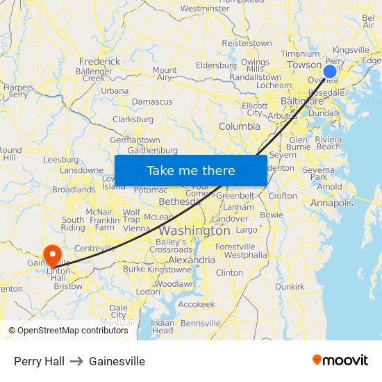 Perry Hall to Gainesville map