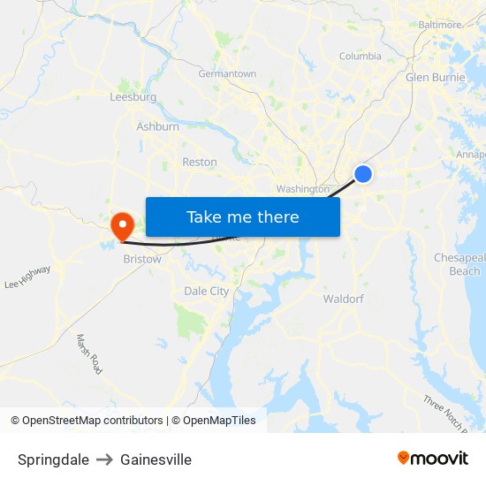 Springdale to Gainesville map